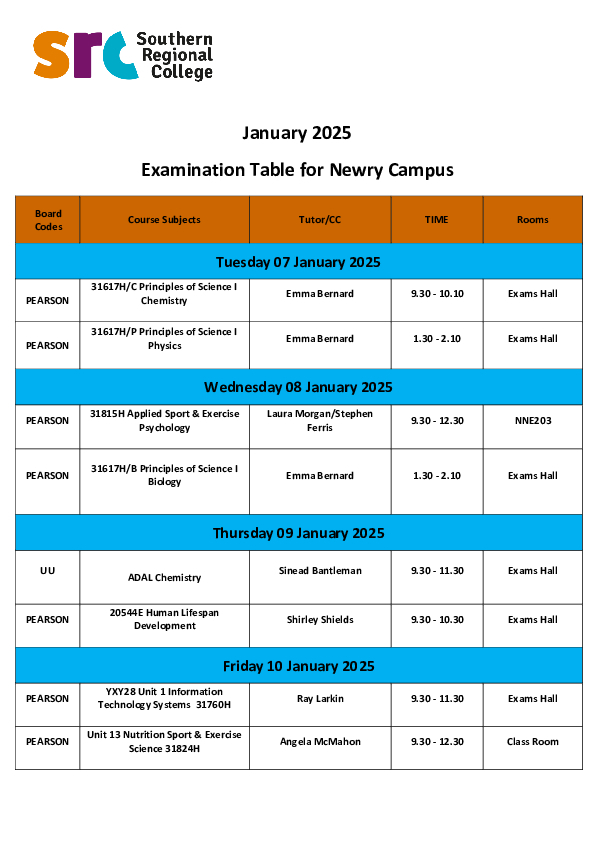 January 2025 Examination Timetable for Newry